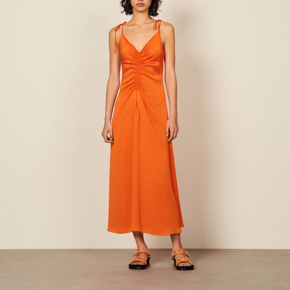 SANDRO Midi Dress with narrow straps. Tomato Orange. FR34 (XS). Worn once.